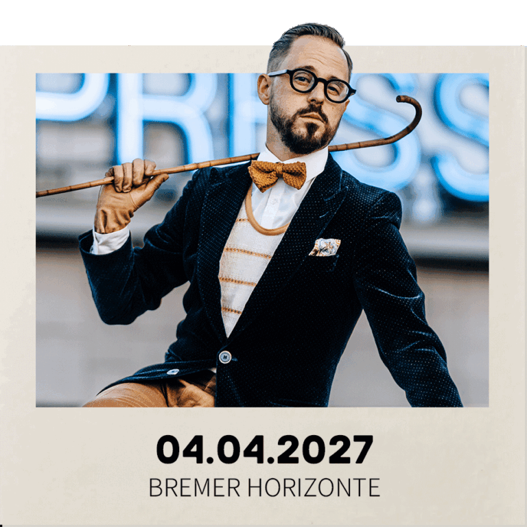 Man in vintage velvet blazer, bow tie, glasses, and cane on a beige poster announcing 04.04.2027 Bremer Horizonte