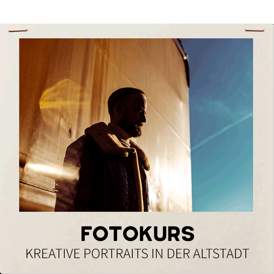 Poster advertising a photography course: 'FOTOKURS' — kreative portraits in der Altstadt; silhouette of a man beside a sunlit metal wall.