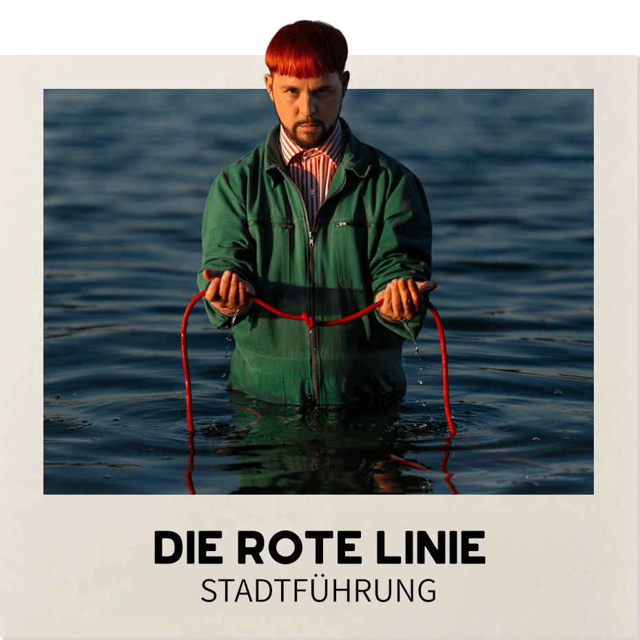 Poster for 'Die Rote Linie Stadtführung' showing a man in a green jacket standing in water, holding a red rope; bold title text at the bottom.